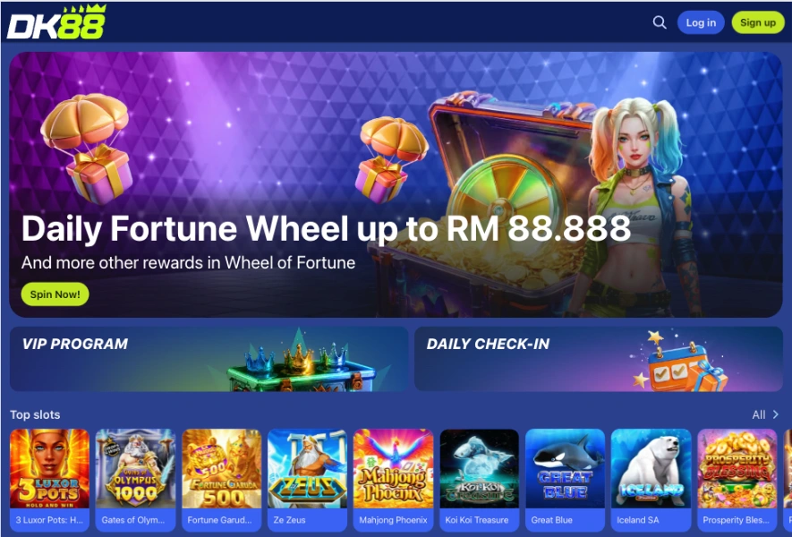 DK88 lobby banner for the Daily Fortune Wheel prize up to RM 88,888 next to the VIP Program and Daily Check-In tiles
