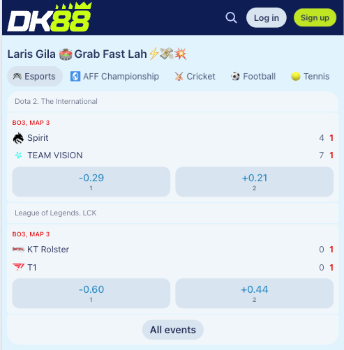 DK88 sportsbook screen showing esports match odds for Dota 2 and League of Legends fixtures